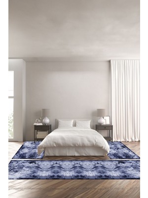 Napoli Home Dijital Baskılı Kaymaz Yıkanabilir Mermer Çiçek Motifli Üçlü Yatak Odası, Yo-Mermer-59-Lacivert,