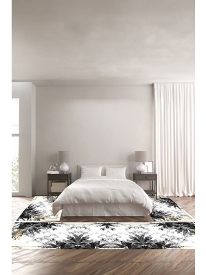 Napoli Home Baskılı Kaymaz Yıkanabilir Mermer Çerçeveli Çiçek Desenli Üçlü Yatak Odası, Yo-Mermer-60-Gold,