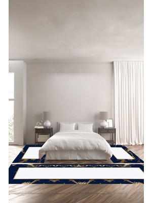 Napoli Home Dijital Baskılı Kaymaz Yıkanabilir Çerçeve Mermer Desenli Üçlü Yatak Odası, Yo-Mermer-58-Mavi,