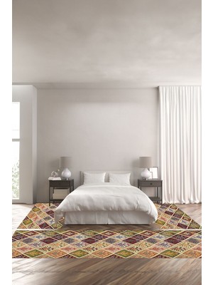 Napoli Home Baskılı Kaymaz Yıkanabilir Patchwork Desenli Modern Üçlü Yatak Odası, Yo-Patchwork-32-Renkli,