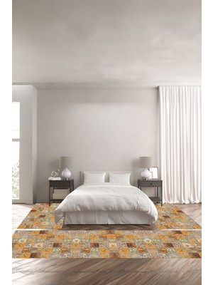 Napoli Home Baskılı Kaymaz Yıkanabilir Patchwork Çiçek Motifli Modern Üçlü Yatak Odası, Yo-Patchwork-35-Turuncu,