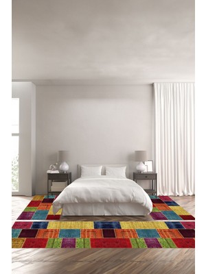 Napoli Home Baskılı Kaymaz Yıkanabilir Patchwork Çiçek Desen Modern Üçlü Yatak Odası, Yo-Patchwork-39-Renkli,