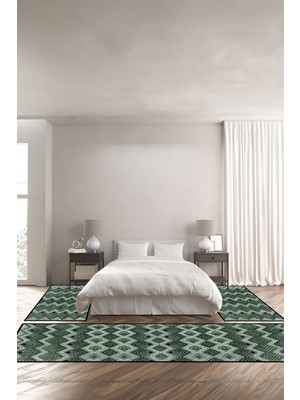 Napoli Home Dijital Kaymaz Yıkanabilir Sade Çerçeveli Akrilik Desenli Üçlü Yatak Odası, Yo-Sade-87-Yeşil,