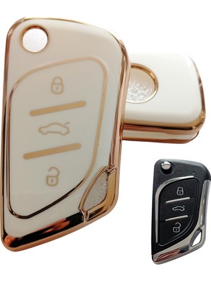 Kasey Cadillac Tipli Kd Keydiy NB30 Uyumlu Kumanda Anahtar Kılıfı Oto Anahtarlık Beyaz Gold