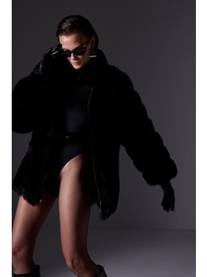 Premium Baklava Dilimi Rex Suni Kürk Kadın Mont