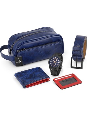 Polo Air Erkek Kol Saati El Çantası Cüzdan Kemer Kartlık Set Lacivert-Siyah Kombin PL-0866E7