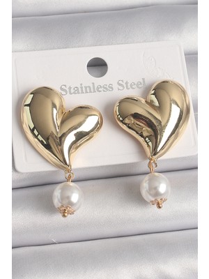 Callerrons Accessories Pirinç Gold Renk Kalp Model Sallantı Inci Detay Kadın Küpe - EBJ250201W30954