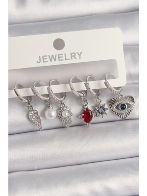 Callerrons Accessories Pirinç Gümüş Renk Sallantı Zirkon Taşlı Fatma Ana El Figür Kadın Küpe Seti - EBJ250201W30990