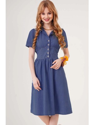 Kadın Denim Kısa Kollu Beli Lastikli Yarım Düğmeli Göğüs Pensli Kot Elbise HZL22S-BD122101