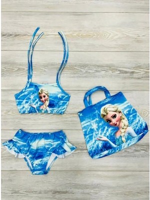 Rapapa Kız Çocuk 3 Parça  Fırfırlı Bikini Takım Üstü Baskılı Kız Çocuk Mayo Bikini 0128