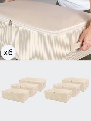 Tekno Trust 6 Adet Büyük Boy Krem Çizgi Desenli Baza Altı Düzenleyici Hurç Seti 60 x 40 x 20  cm