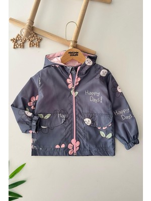 Miniğimin Cicileri Çiçek Baskılı Kız Çocuk Kapüşonlu yağmurluk - Antrasit
