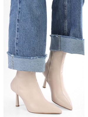 Shoeberry Kadın Glove Bej Cilt Streç Topuklu Bot