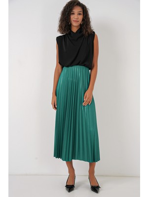 8009 Deri Görünümlü Piliseli Etek - Yeşil