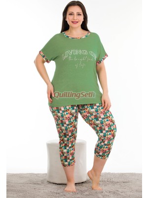 Quilling Yeşil Renk ve Desenli Lady 10678 Büyük Beden Kapri Tayt Pijama Takımı