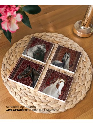Kırmızı Vintage Halı ve  At Figürlü Doğal Taş Bardak Altlığı Seti - Şık ve Dekoratif Tasarım (4’lü Set)