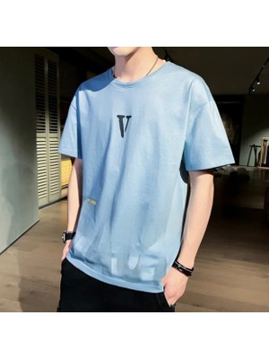 Amor Man Büyük Beden Özel Üretim V Göğüs Baskılı Ultra Rahat Sokak Stili Battal Erkek T-Shırt