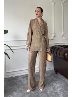 Magarde Baskılı Gömlek Pantolon Takım- Camel