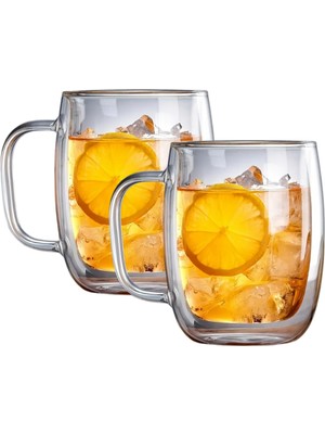 Heredot 2 Adet 250 ml Çift Cidarlı Isı Yalıtımlı Kulplu Cam Şeffaf Kupa MIT1009