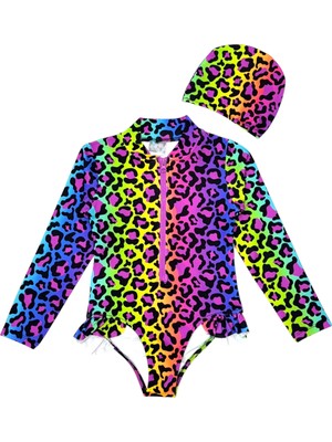 Kız Çocuk Ön Fermuar Detaylı Body Suit Uzun Kollu Güneş Koruyucu Fırfırlı Mayo + Bone Çok Renkli