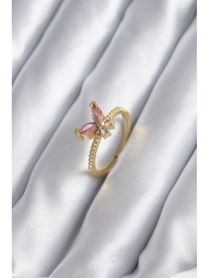 Gold Renk Pembe Zirkon Taşlı Kelebek Model Kadın Yüzük
