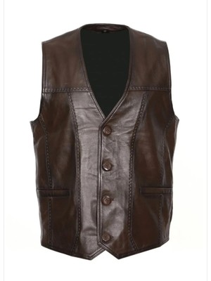 Savran Deri Puntolu Kahve Rengi Hakiki Deri Yelek