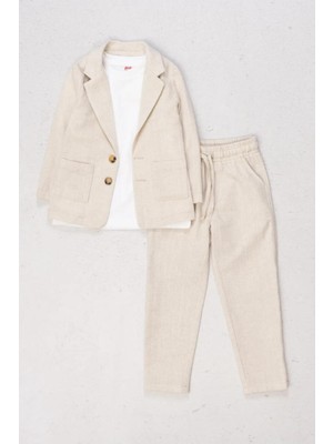 Magu Erkek Çocuk Keten  Ceket Pantolon Beyaz T-Shirt Alt-Üst 3'lü Takım