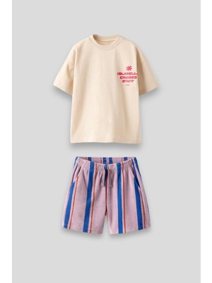 Unisex Çocuk Ekru Çizgili Desenli Pamuklu T-Shirt Şort Alt-Üst Takım
