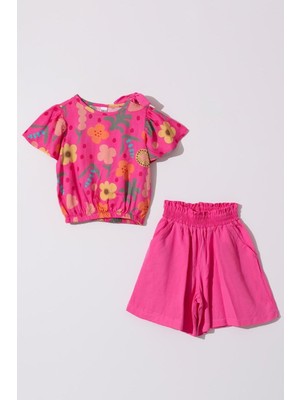 Magu Kız Çocuk Çiçek Desenli Pamuklu T-Shirt Şort Alt-Üst Takım