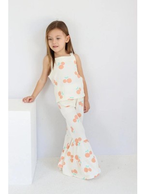 Magu Kız Çocuk Pamuklu Askılı  T-Shirt Kiraz  Desenli Ispanyol Paça Alt-Üst Takım