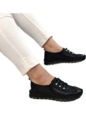 Voyager 9871 Siyah Deri Boncuklu Kadın Ayakkabı