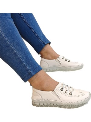 Voyager 9871 Beyaz Deri Boncuklu Kadın Ayakkabı
