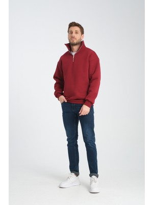Award Fashion Oversıze Pamuklu içi Polarlı Dik Yaka Yarım Fermuar Sweatshirt