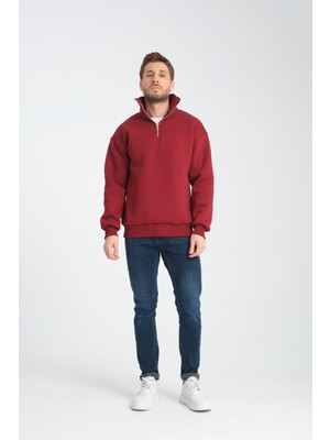 Award Fashion Oversıze Pamuklu içi Polarlı Dik Yaka Yarım Fermuar Sweatshirt