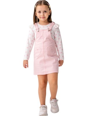 İrem Çocuk Giyim Kız Çocuk Kalp Desenli Badili Prembe Renk Keten Salopet Takımı