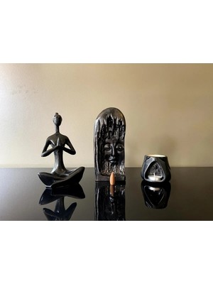 3'lü Set, Siyah Namaste Tealight Mumluk, Geri Akış Tütsülük ve T.a.d. Buhurdanlık
