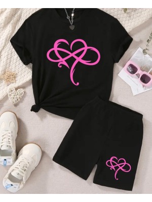 Punıx  Kıds  Özel Üretim  Sonsuz  Kalp  Baskılı  Yeni  Stil  Kız  Çocuk  T-Shırt  Şort  Takım