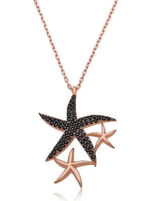 Gumush Gümüş Siyah Taşlı Deniz Yıldızları Kadın Kolye