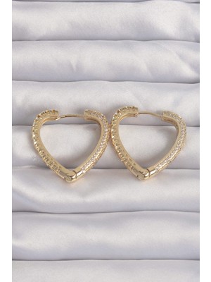 Shopzum Pirinç Gümüş Renk Zirkon Taşlı Motifli Kalp Küpe