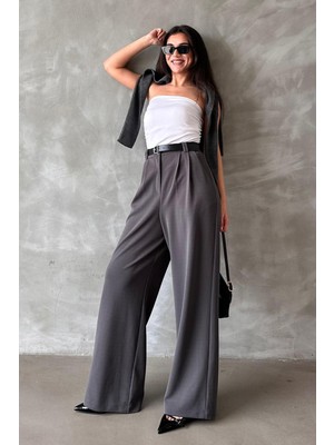 Madmext Füme Kemerli Kadın Pantolon MG2330 Çift Pileli Rahat Kesim %60 Polyester %40 Elastan