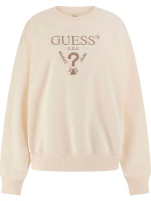 Guess Kadın Bej Logolu Sweatshirt