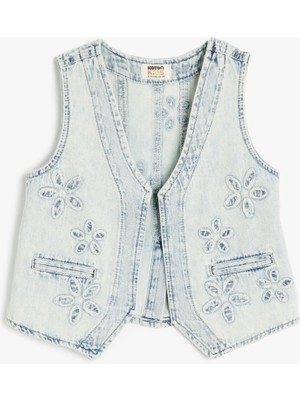 Koton Çiçek Desenli Cepli Pamuklu V Yaka Denim Yelek