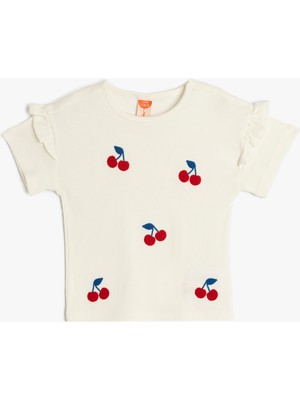 Koton Kız Çocuk Kiraz Nakışlı Pamuklu Kısa Kollu Bisiklet Yaka Tişört Örme Kumaş