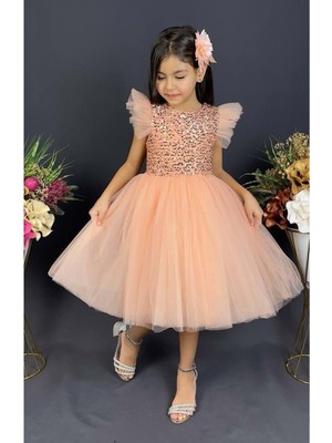 Mnk Baby & Kids Tüllü Kız Çocuk Elbise Koyu Somon MNK0526 Özel Olaylar İçin Şık Tasarım