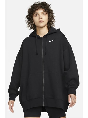 Nike Sportswear Essentials Oversize Fleece Full Zip Hoodie Kadın Geniş Kalıp Kapüşonlu Sweatshirt Siyah