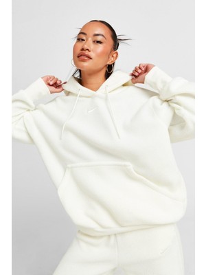 Nike Sportswear Plush Hoodie Sşweatshirt Stone Oversize Kadın Geniş Kalıp Peluş Kapüşonlu Sweatshirt Krem