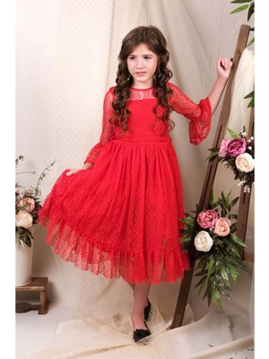 Mnk Baby & Kids Uzun Kol Dantel Makri Kız Çocuk Elbise MNK0600