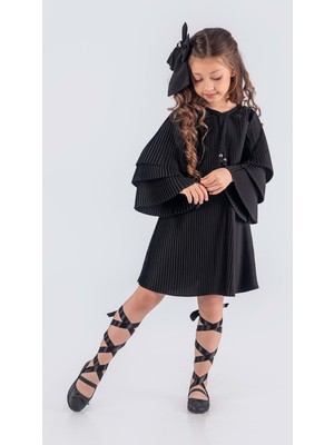Mnk Baby & Kids Kız Çocuk Krep Plise Elbise MNK0595 Özel Günler İçin Şık Siyah Tasarım