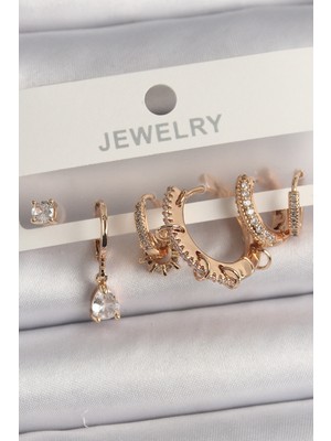 Ezo Concept Pirinç Gold Renk Sallantı Zirkon Taşlı Halka Model Damla Zirkon Taş Detay Çoklu Kadın Küpe Seti