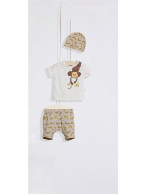 03-18 Ay Erkek Bebek Ekru Renkli Pamuklu Monkey Üçlü Takım